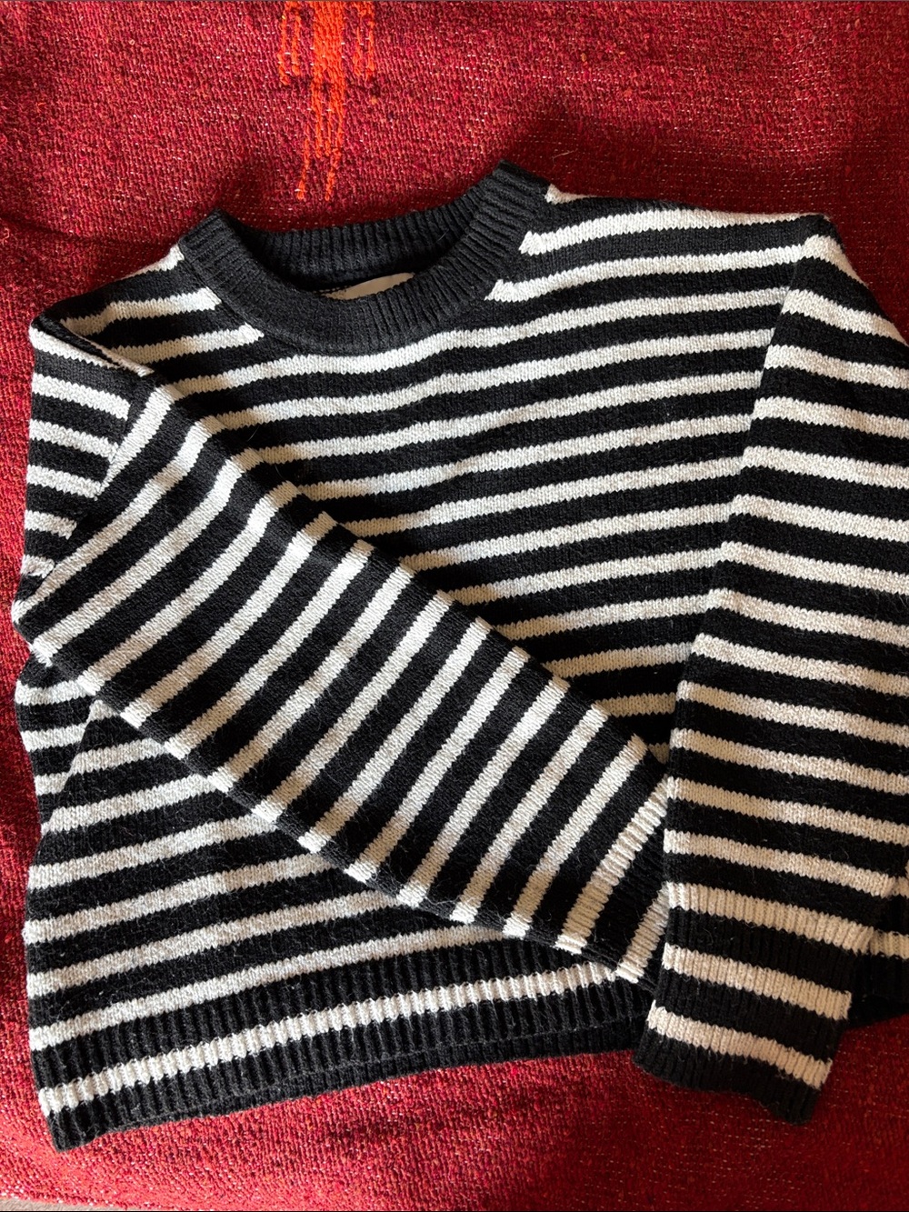Pink Rose Black & White Striped Crewneck Sweater